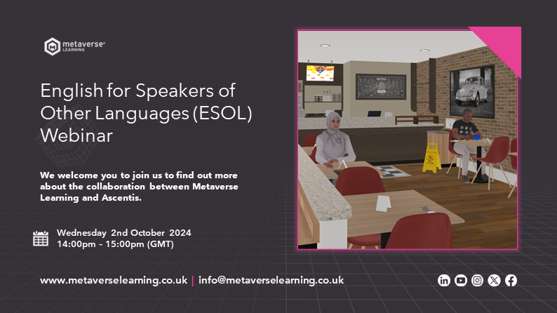 MetaverseL_'s tweet image. Working in the English for Speakers of Other Languages (ESOL) space or curious to learn more? join our free 1-hour webinar hosted by Metaverse Learning and Ascentis! 

 Launching on Wednesday, 2nd October at 14:00 PM.

#MetaverseLearning #Ascentis #ESOL