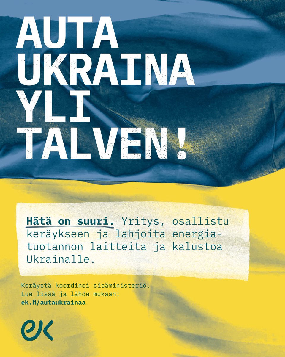 “Auta Ukraina yli talven!"-the donation campaign of energy production equipment launched by <a href="/Elinkeinoelama/">EK</a> in cooperation with <a href="/Sisaministerio/">Sisäministeriö</a>, <a href="/Ulkoministerio/">MFA Finland 🇫🇮</a>, <a href="/TEM_uutiset/">TEM</a>.

We are grateful for such an important initiative!

Join and support Ukrainians to endure the winter! 🇺🇦