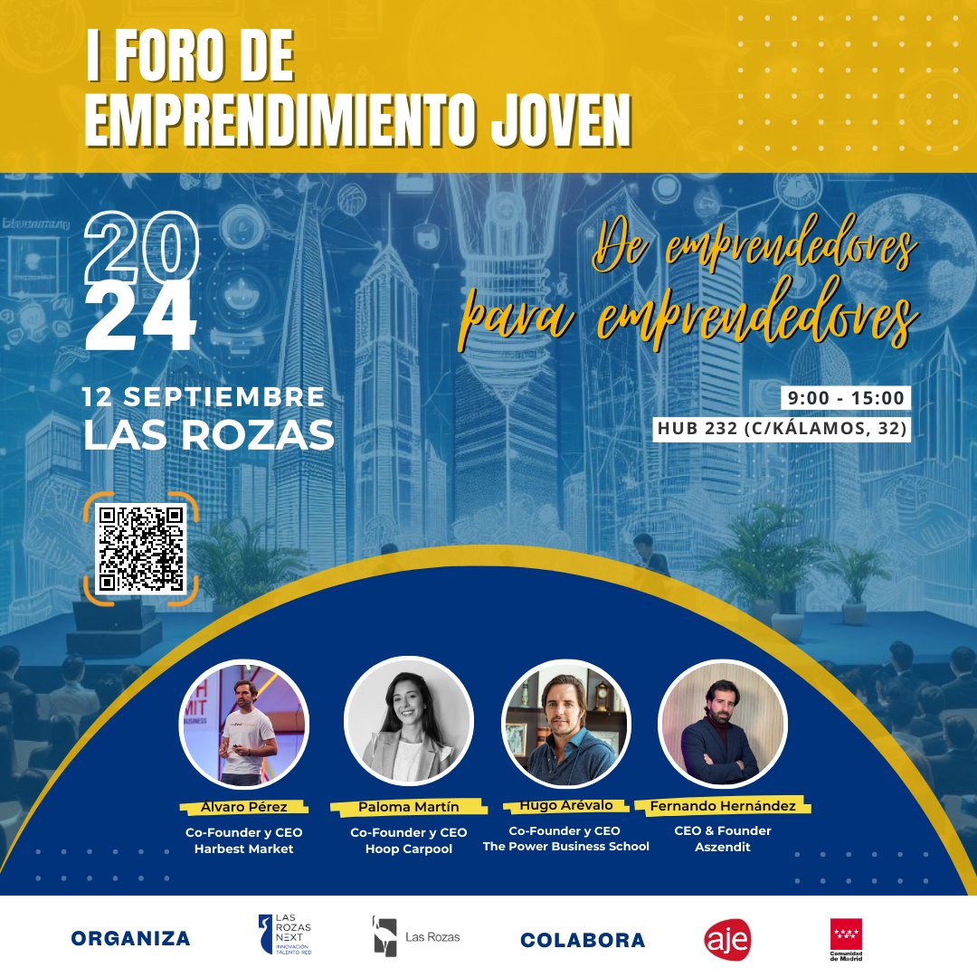 🚨 ¡Mañana es el día y las ÚLTIMAS PLAZAS están volando! 🚨

No te pierdas el #IForoEmprendimientoJoven el 12 de septiembre en el HUB 232 Las Rozas. 

Prepárate para una jornada con ponencias de alto nivel. 

🎟️ Link: bit.ly/3LY7aSW

#Hub232 #lasrozasnext