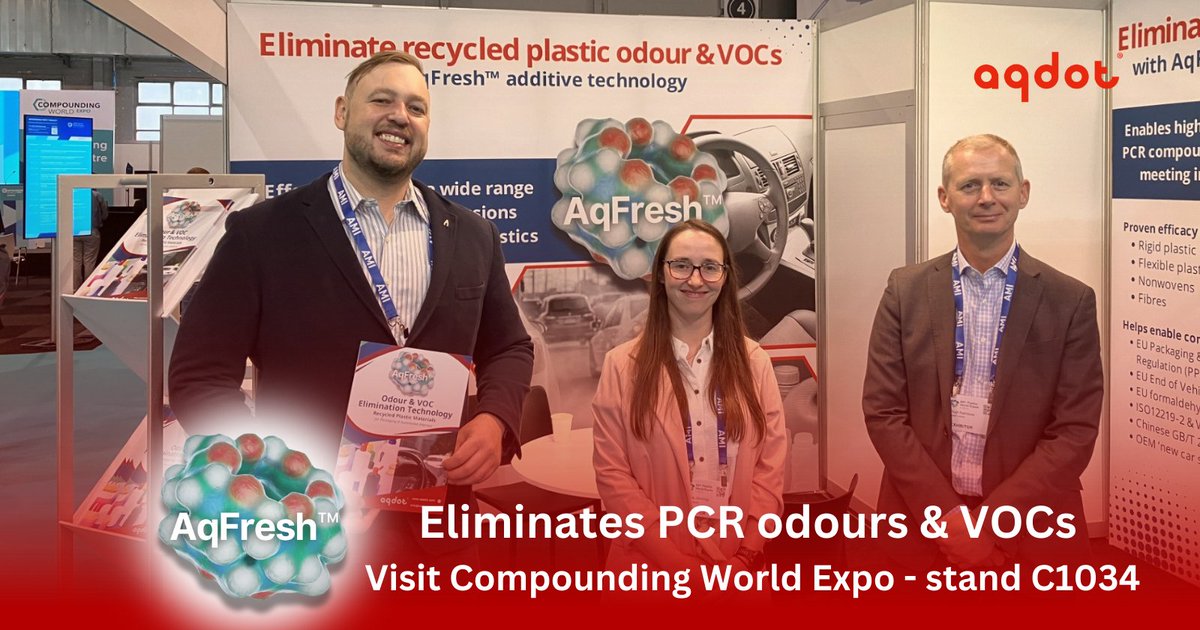 Come and meet us at Compounding World Expo Brussels 11-12 September on stand C1034 to learn more about low-odour recycled plastic produced by our partners using our AqFresh™ odour &amp; VOC elimination technology. bit.ly/3B8zAHu