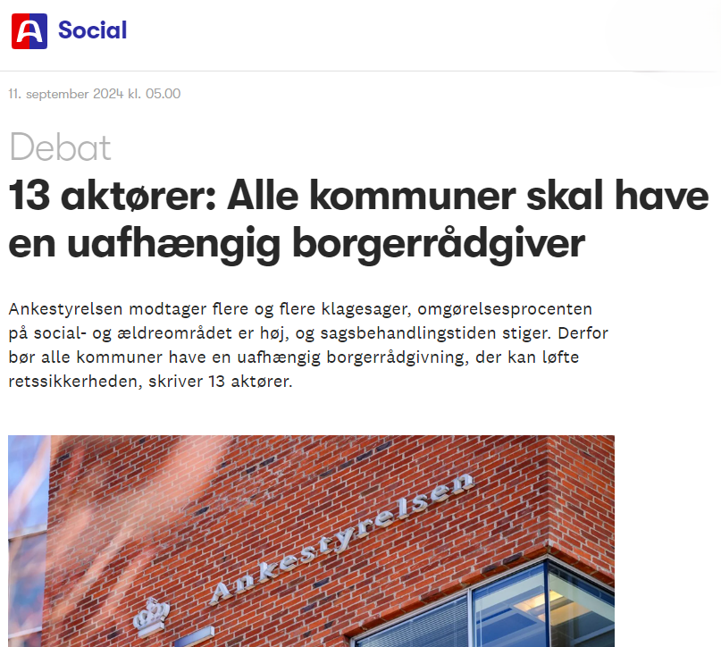 De mest udsatte mennesker har brug for uafhængige borgerrådgivere.
Ankestyrelsen modtager flere og flere klagesager. Omgørelsesprocenten på social- og ældreområdet er høj. Og sagsbehandlingstiden stiger. 
Derfor bør alle kommuner have en borgerrådgivning, der kan løfte