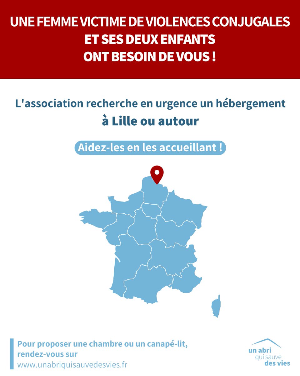 ⚠️ URGENCE #VIOLENCESCONJUGALES⚠️

Un abri qui sauve des vies recherche un lieu sûr pour héberger en urgence une femme et ses 2 enfants à 📍#Lille (59)

Pour les aider, vous pouvez l'accueillir.

La durée est déterminée selon vos disponibilités.

Merci de partager 🙏