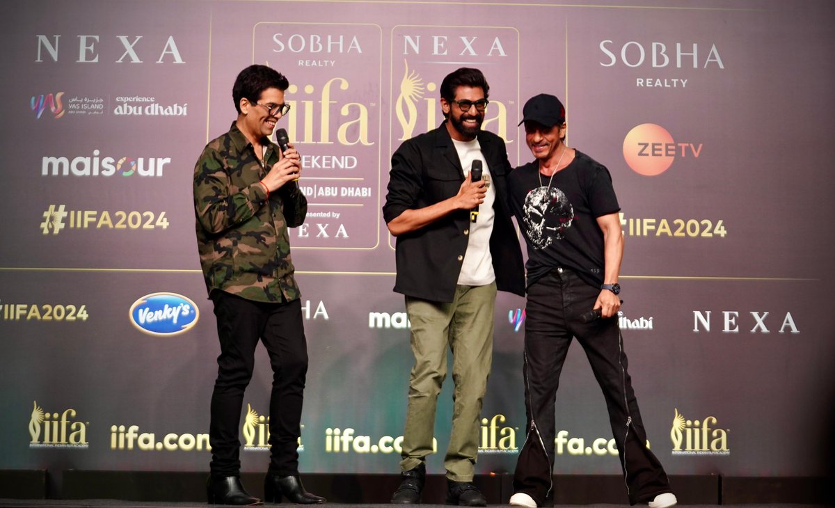 IIFA's tweet image. The #IFA2024 Press Conference was star-studded indeed!
Our incredible hosts Shah Rukh Khan, Karan Johar and Rana Daggubati share candid moments at the press conference.

#IFA2024 #YasIsland #InAbuDhabi #NEXA
#Createlnspire #SobhaxIIFA #EaseMyTrip