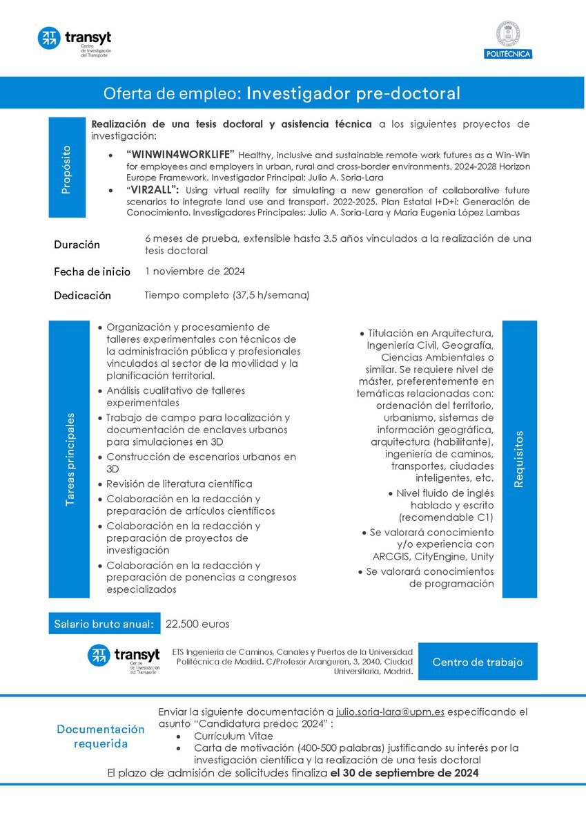 TRANSyT-UPM (@transyt_upm) on Twitter photo 🔴#WeAreHiring
Desde <a href="/transyt_upm/">TRANSyT-UPM</a> buscamos #arquitectos, #ingenierosciviles, #geógrafos, #ambientólogos para realización de una #tesisdoctoral y asistencia técnica en proyectos de #investigación
#movilidad #somosUPM #investigación #transporte #sostenibilidad #TRANSyT 🔴#WeAreHiring
Desde <a href="/transyt_upm/">TRANSyT-UPM</a> buscamos #arquitectos, #ingenierosciviles, #geógrafos, #ambientólogos para realización de una #tesisdoctoral y asistencia técnica en proyectos de #investigación
#movilidad #somosUPM #investigación #transporte #sostenibilidad #TRANSyT