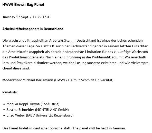 HWWI (@hwwihamburg) on Twitter photo Über die #Arbeitskräfteknappheit in 🇩🇪 diskutieren wir mit Prof. <a href="/monikaturyna/">Prof. Monika Köppl Turyna</a> <a href="/Eco_Austria/">EcoAustria - Institut für Wirtschaftsforschung</a>, Sascha Schneider <a href="/montblanc_world/">Montblanc</a>, Prof. Dr. Enzo Weber @iab_news. #VfS_conference2024 Berlin, 17.09.24, 12:35-13:45. <a href="/MichaBerlemann/">Michael Berlemann</a> <a href="/HWWIHamburg/">HWWI</a> <a href="/HSUHamburg/">HSU Hamburg</a> <a href="/VfS_econ/">Verein für Socialpolitik</a> #EconTwitter #HWWI Über die #Arbeitskräfteknappheit in 🇩🇪 diskutieren wir mit Prof. <a href="/monikaturyna/">Prof. Monika Köppl Turyna</a> <a href="/Eco_Austria/">EcoAustria - Institut für Wirtschaftsforschung</a>, Sascha Schneider <a href="/montblanc_world/">Montblanc</a>, Prof. Dr. Enzo Weber @iab_news. #VfS_conference2024 Berlin, 17.09.24, 12:35-13:45. <a href="/MichaBerlemann/">Michael Berlemann</a> <a href="/HWWIHamburg/">HWWI</a> <a href="/HSUHamburg/">HSU Hamburg</a> <a href="/VfS_econ/">Verein für Socialpolitik</a> #EconTwitter #HWWI
