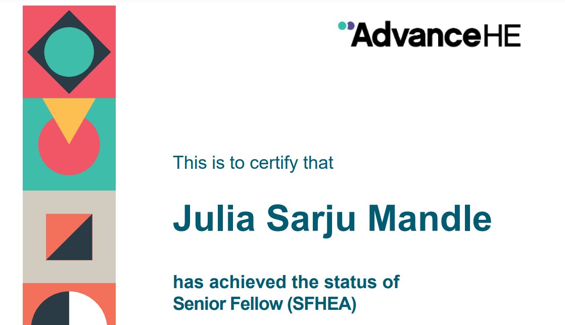 Julia Sarju Mandle (@juliasarju) on Twitter photo Today I received an <a href="/AdvanceHE/">Advance HE</a> Certificate for Senior Fellowship (SFHEA). I wouldn't have been able to do this without <a href="/CheMichael7/">Michael O’Neill is shifting to BSky</a>, <a href="/patrickthomson/">Patrick Thomson 🦋 @patrickthomson.bsky.social</a>, the Academic Practice team <a href="/UniOfYork/">University of York</a> and all the generous people who gave me feedback on my practice #ChemEd #Sotl Today I received an <a href="/AdvanceHE/">Advance HE</a> Certificate for Senior Fellowship (SFHEA). I wouldn't have been able to do this without <a href="/CheMichael7/">Michael O’Neill is shifting to BSky</a>, <a href="/patrickthomson/">Patrick Thomson 🦋 @patrickthomson.bsky.social</a>, the Academic Practice team <a href="/UniOfYork/">University of York</a> and all the generous people who gave me feedback on my practice #ChemEd #Sotl