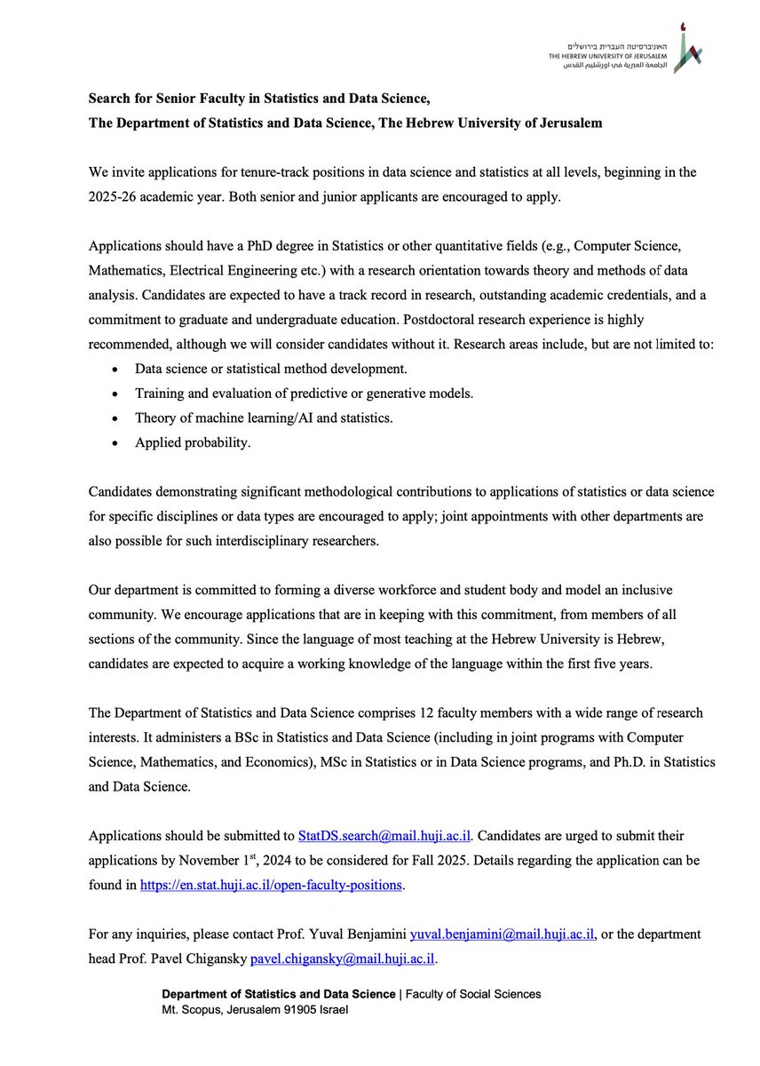 We're hiring... 
Multiple faculty openings in our department at all levels. Researchers in statistics and data-science,  ML / AI, applied probability or related fields are encouraged, joint appointments possible. Apply by Nov 1. 
DM / email for more details
Otherwise, retweet :)