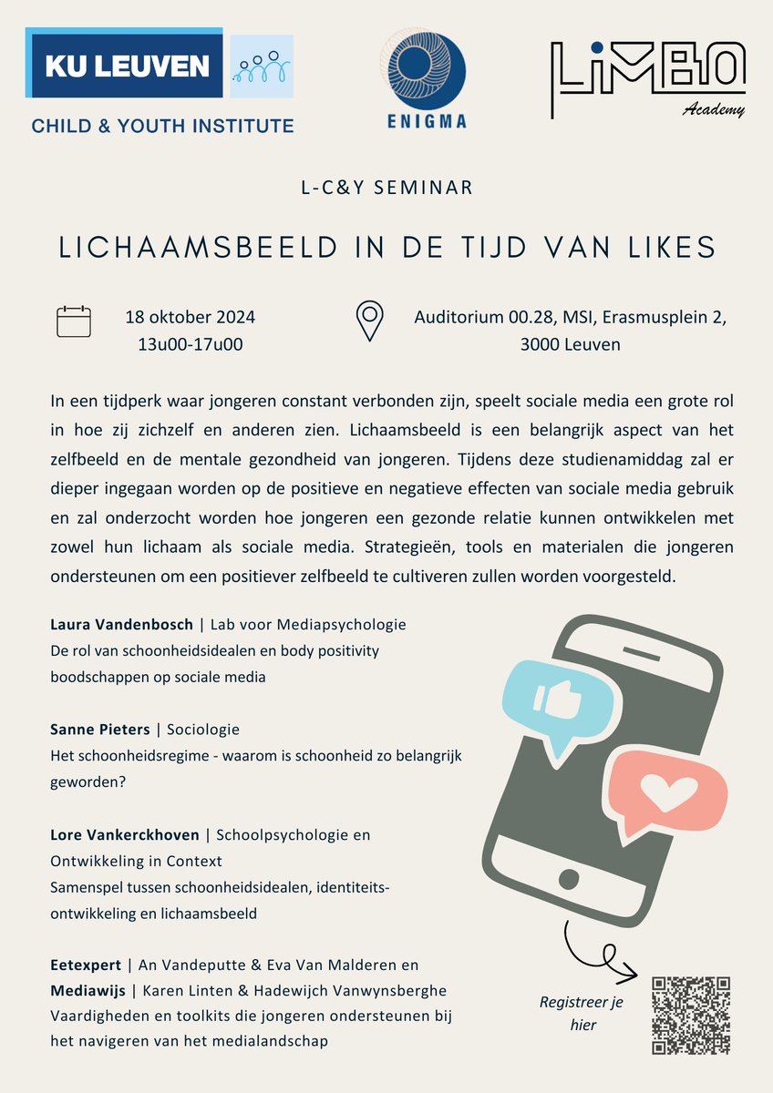 Wil je meer leren over de rol van sociale media in hoe jongeren zichzelf en anderen zien? 📱 Schrijf je dan in voor onze gratis studienamiddag op vrijdag 18 oktober!
kuleuven.be/child-youth/en… 
@LeuvenMassComm <a href="/MediaWijsBe/">Mediawijs</a> #eetexpert <a href="/KU_Leuven/">KU Leuven</a> <a href="/HSS_KULeuven/">Humanities & Social Sciences Group KU Leuven</a>