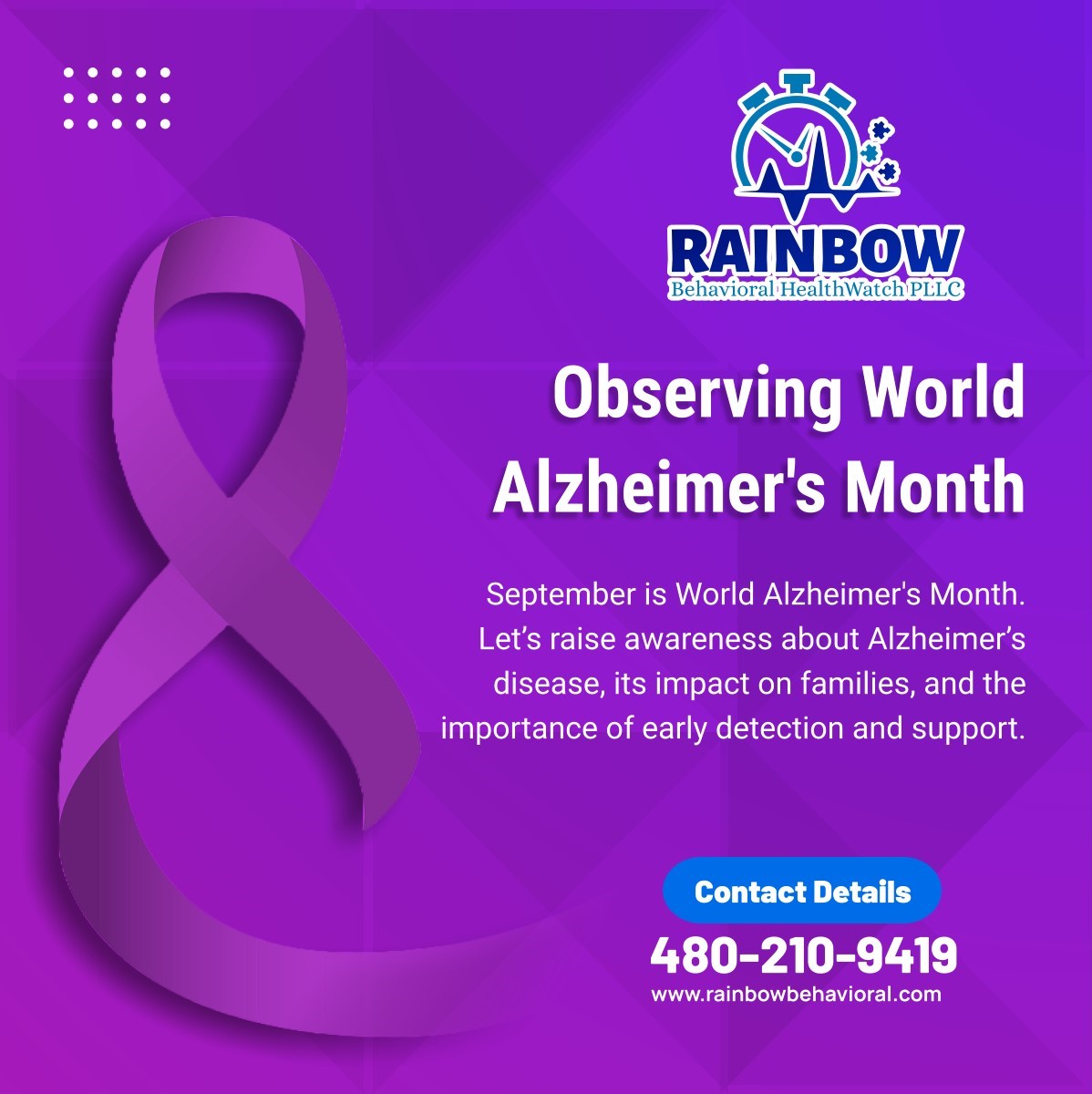 HealthwatchPLLC's tweet photo. September is World Alzheimer’s Month. Join us in raising awareness and supporting those affected by Alzheimer’s disease. Learn more about early detection and support options.

#OroValleyAZ #PsychiatricTelehealth #AlzheimersAwareness #AlzheimersMonth #WorldAlzheimersMonth https://t.co/uaCWO71kzz