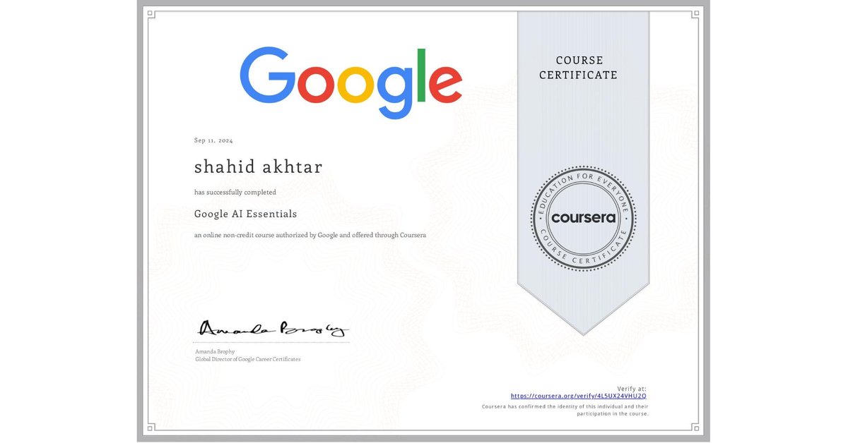 shahidmallal's tweet image. Google AI Essentials
Course Completed 
#google_course
#AI
#coursera @coursera @GoogleAI