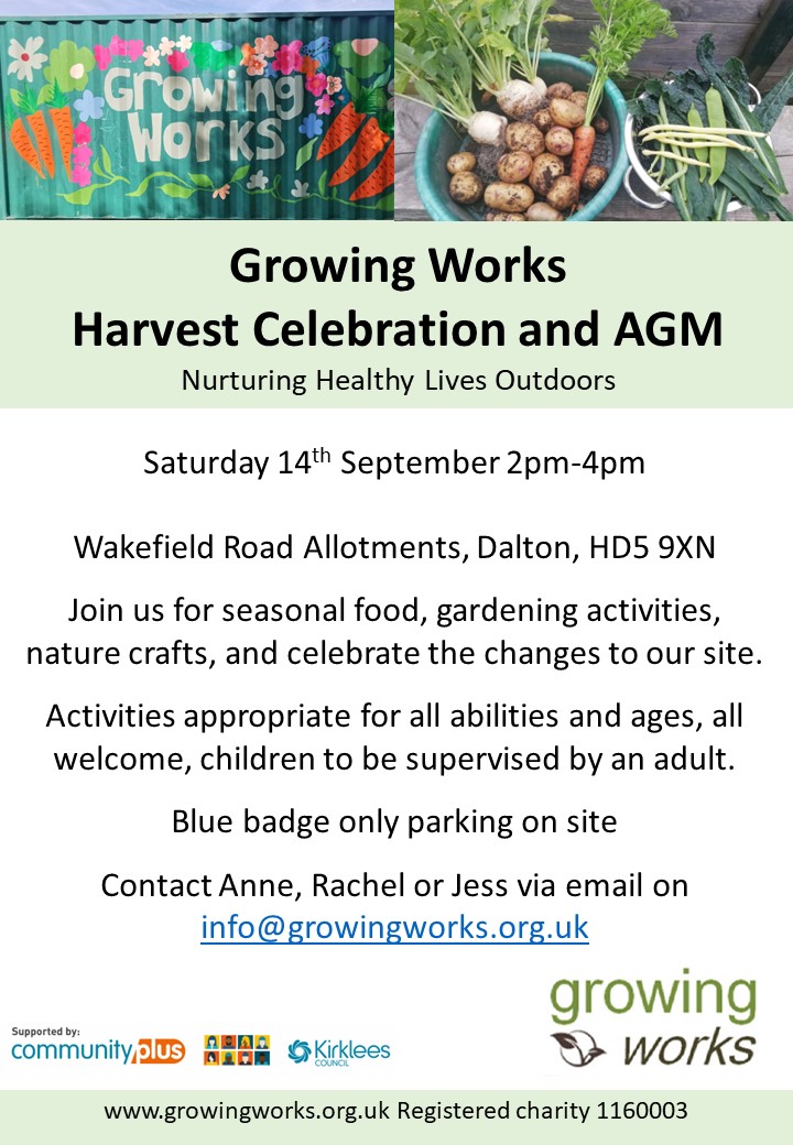Growing Works (@growingworks) on Twitter photo Growing Works Harvest Celebration at Wakefield Road Allotments, Dalton is this Saturday 14th September 2pm - 4pm. Join us for tours around the site, gardening activities, nature crafts and seasonal soup. All welcome.
Contact Rachel on 07845415289 or more info.
<a href="/DaltonTogether/">Dalton Together</a> Growing Works Harvest Celebration at Wakefield Road Allotments, Dalton is this Saturday 14th September 2pm - 4pm. Join us for tours around the site, gardening activities, nature crafts and seasonal soup. All welcome.
Contact Rachel on 07845415289 or more info.
<a href="/DaltonTogether/">Dalton Together</a>