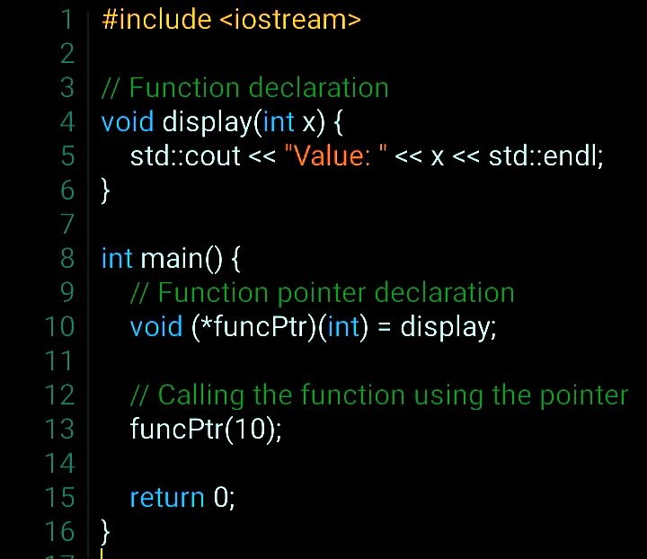 Gopal_pandey99's tweet image. 🚀 Mastering Function Pointers in C++ 🚀
🔍 What are Function Pointers? Function pointers are a powerful feature in C++ that allow you to store the address of a function in a variable.Stay curious and keep coding! 💻✨
#CPlusPlus #Programming #FunctionPointers #CodingTips