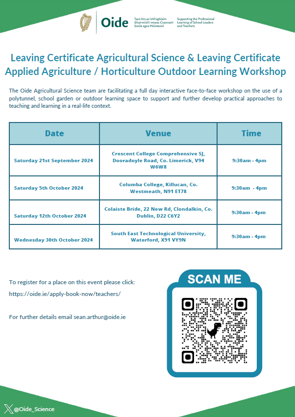 🌱 Join us for a full-day interactive workshop on using polytunnels/gardens as outdoor learning spaces! Perfect for LC Ag Science &amp; LCA Agriculture/Horticulture teachers. Enhance practical teaching in a real-life context. 
Register here 👉 dms.oide.ie/event/public
Details 👇