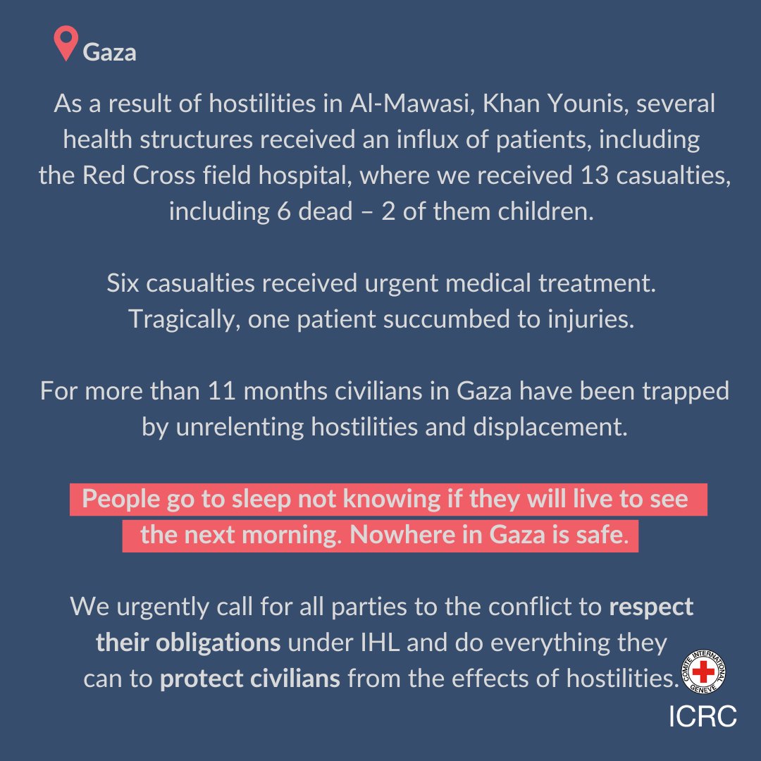 ICRC (@icrc) on Twitter photo 📍Gaza
The Red Cross Field Hospital received an influx of patients following the recent hostilities in Khan Younis.
Update from <a href="/ICRC_ilot/">ICRC in Israel & OT</a>: 📍Gaza
The Red Cross Field Hospital received an influx of patients following the recent hostilities in Khan Younis.
Update from <a href="/ICRC_ilot/">ICRC in Israel & OT</a>: