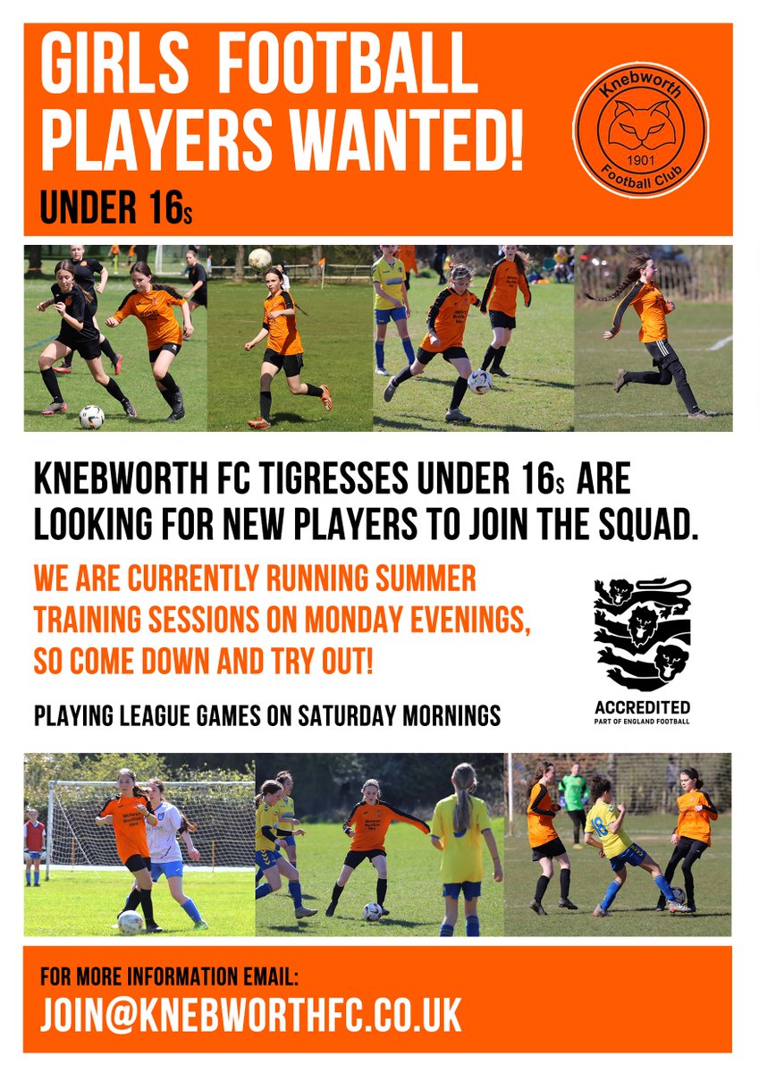 Girls U16s Football Players Wanted
School Year 11
Training on Monday evenings
Matches on Saturdays
DM or email Join@KnebworthFC.co.uk
#PlayersWanted #GirlsFootball #Hertfordshire