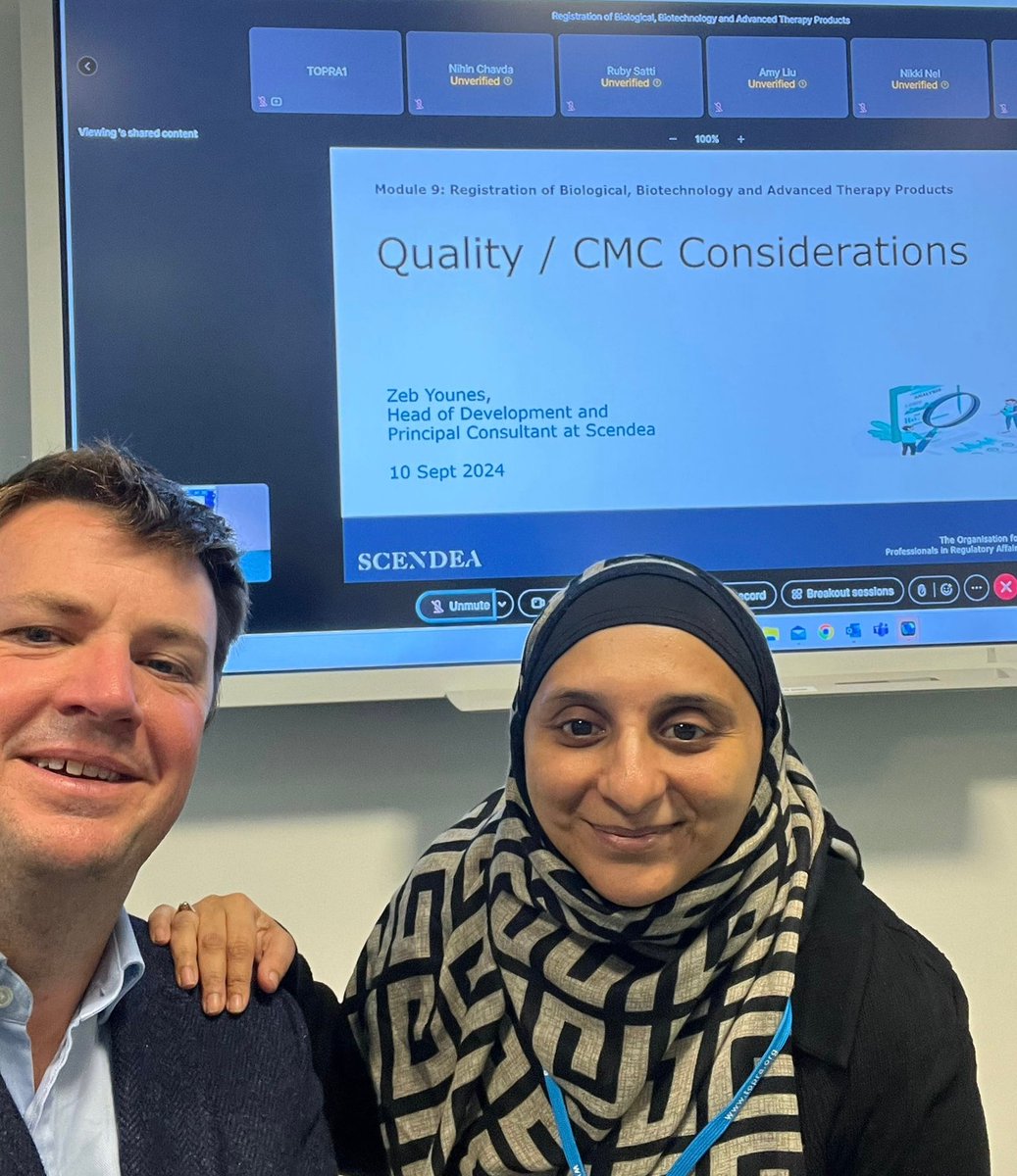 scendea's tweet image. Zeb Younes, Scendea's Head of Product Development and Regulatory Consulting, enjoyed participating in the TORPA 'Module 9 of the MSc and Masterclass for Registering Biological Biotech &amp;amp; Advanced Therapy Products' in London yesterday.
-
#TOPRA #RegulatoryAffairs #CMC #MScTraining