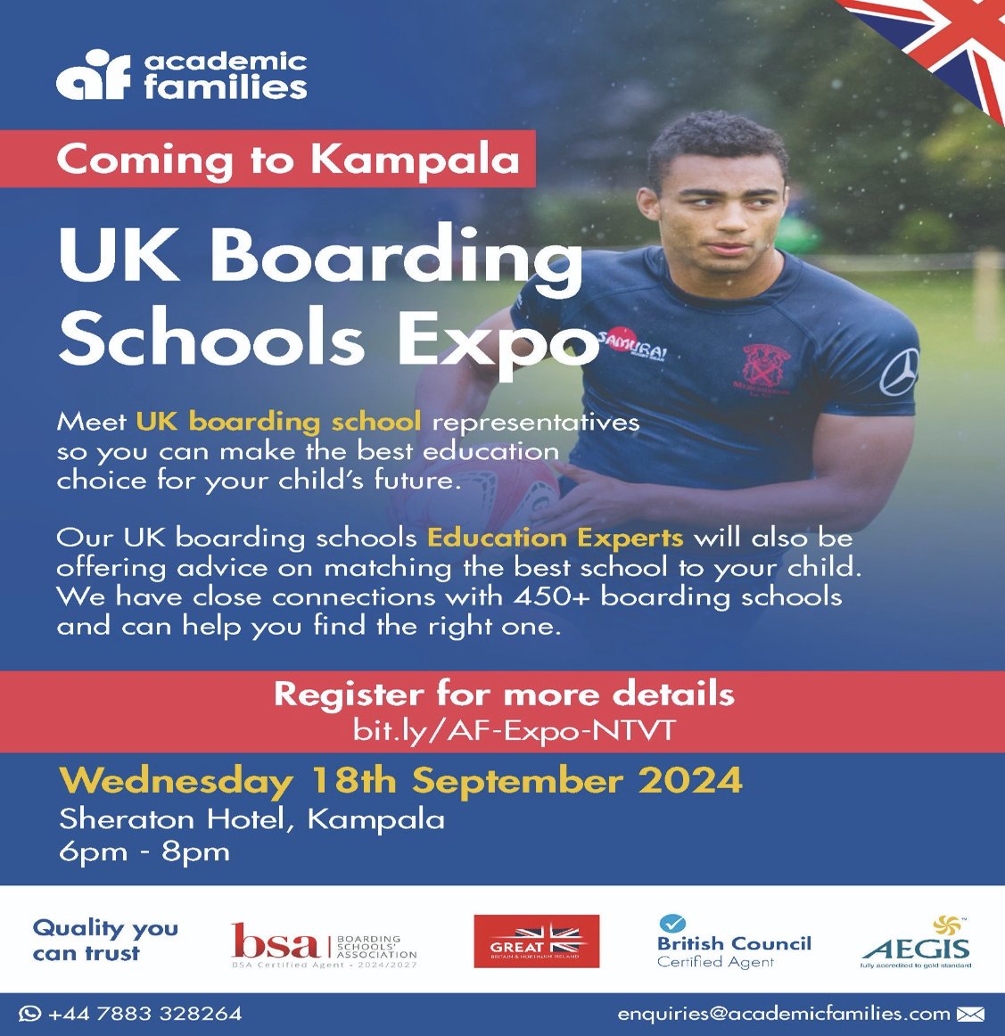 ntvuganda's tweet photo. AD: Meet 15 top UK boarding schools and academic families education experts. Find out what makes UK boarding schools special, gain insight into the admissions process, and receive personalized guidance.  

Register at https://t.co/ITLNRwg4w9  
The Academic Families UK Boarding Schools Expo will happen at the Sheraton Hotel, Kampala on September 18th, 2024 from 6pm - 8 pm.