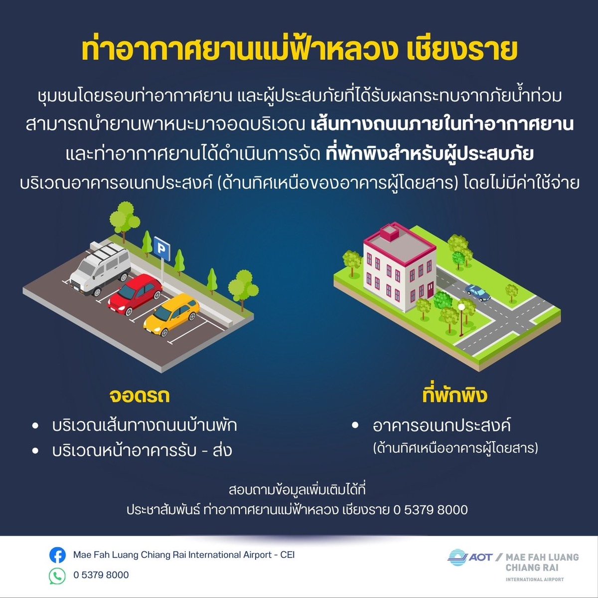 รวมพิกัดจุดจอดรถช่วยผู้ประสบภัย จ.เชียงราย

- ม.ราชภัฏเชียงราย
- ท่าอากาศยานแม่ฟ้าหลวง เชียงราย
- อบจ.เชียงราย ลานรัชกาลที่ 5 (ศาลากลางจังหวัดหลังแรก) 
- สโมสรสิงห์ เชียงราย ยูไนเต็ด
- สิงห์ปาร์ค เชียงราย 

ติดเบอร์โทรฯ และชื่อไว้หน้ารถไว้สำหรับติดต่อ

#น้ําท่วมเชียงราย #น้ำท่วม