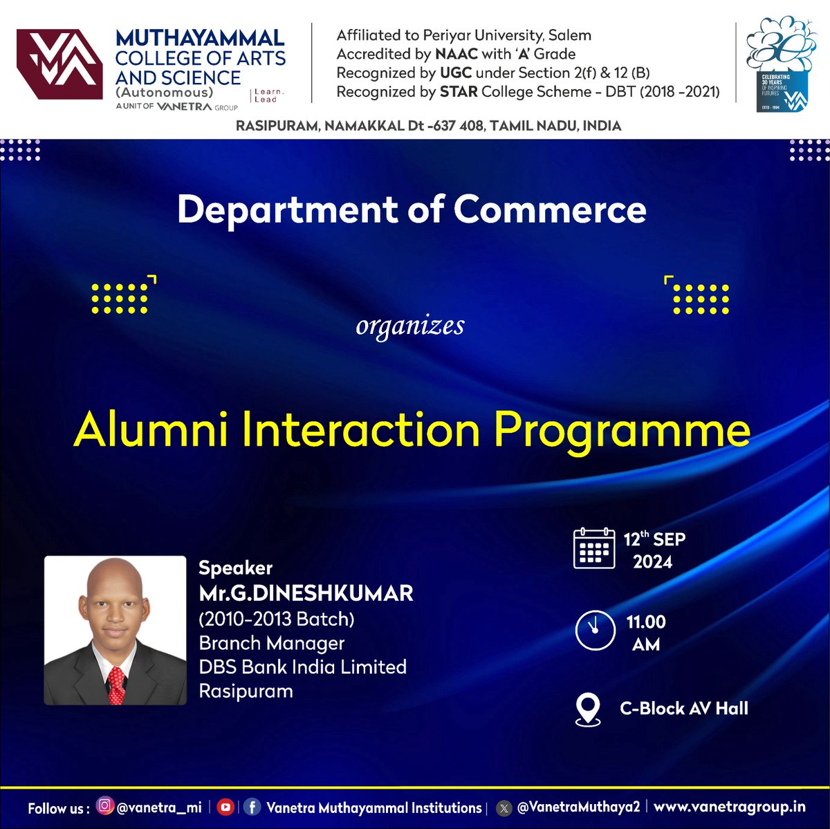 VanetraMuthaya2's tweet image. 📚✨ Alumni Interaction Programme ✨📚

The Department of Commerce is excited to organize an Alumni Interaction Programme on 12.9.2024! 
#AlumniInteraction #Commerce #Inspiration #CareerGrowth #DepartmentOfCommerce #AlumniNetwork #vanetra #vanetra_mi #alumni #trendingnow #trend