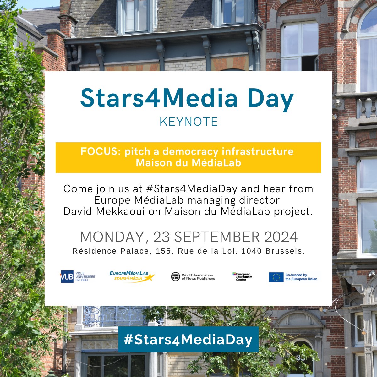 Interested in #Eastern Europe Media ?

#Stars4Media Day 🔵Discover Europe MédiaLab new project: Maison du MédiaLab on the 23rd September at Résidence Palace.

🌟Join us to shape the future of media together.

🎟️Save your spot! bit.ly/4cPnel6