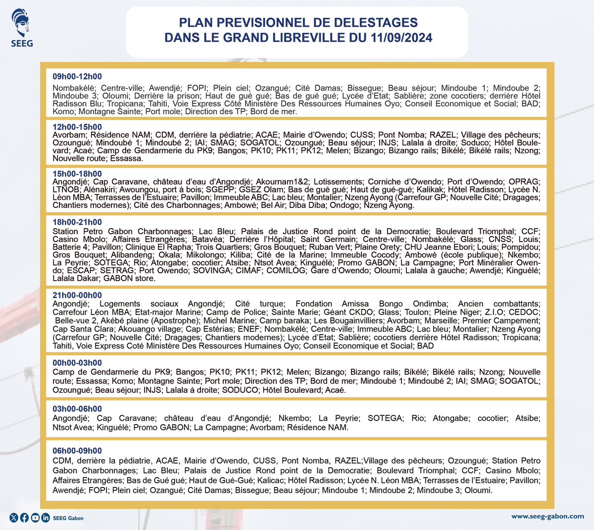 SEEG_Gabon's tweet photo. [INFO]

Planning prévisionnel** de délestages rotatifs dans le Grand Libreville du Mercredi 11 septembre 2024.

**élaboré à titre indicatif https://t.co/lm5epxdYgq