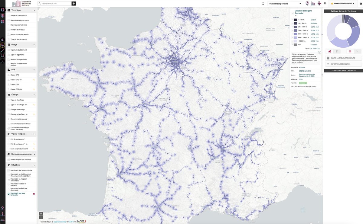 L’ONB+ en cartes 🗺️ 
Distance séparant un #batiment de la plus proche #gare ferroviaire 🚂

Une vue intéressante des disparités territoriales quant à l’accès aux services

#data #map #train #sncf #mobilité #inegalités #servicepublic #territoires #transport