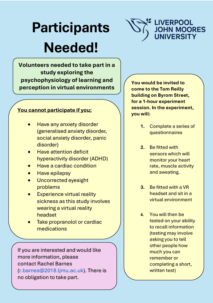 Rachel Barnes (@rachel_barnes_) on Twitter photo Recruiting for participants! 🚨
#Volunteers needed to take part in a #study exploring the #psychophysiology of learning and perception in virtual environments (#VR). Please get in touch for more information or to take part at r.barnes@2018.ljmu.ac.uk
<a href="/LjmuPsychPGRs/">LJMU Psychology PGR</a> <a href="/LJMUResearch/">LJMUResearchSupport</a> Recruiting for participants! 🚨
#Volunteers needed to take part in a #study exploring the #psychophysiology of learning and perception in virtual environments (#VR). Please get in touch for more information or to take part at r.barnes@2018.ljmu.ac.uk
<a href="/LjmuPsychPGRs/">LJMU Psychology PGR</a> <a href="/LJMUResearch/">LJMUResearchSupport</a>
