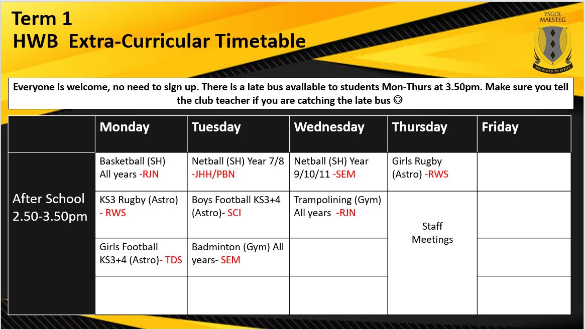 ＮＯＴＩＣＥ：
There are more clubs and activities to follow but for now, here is a copy of our sports timetable for this term:
maestegschool.co.uk/project/new-ex…
#maesteg25 #motivatedtostrive