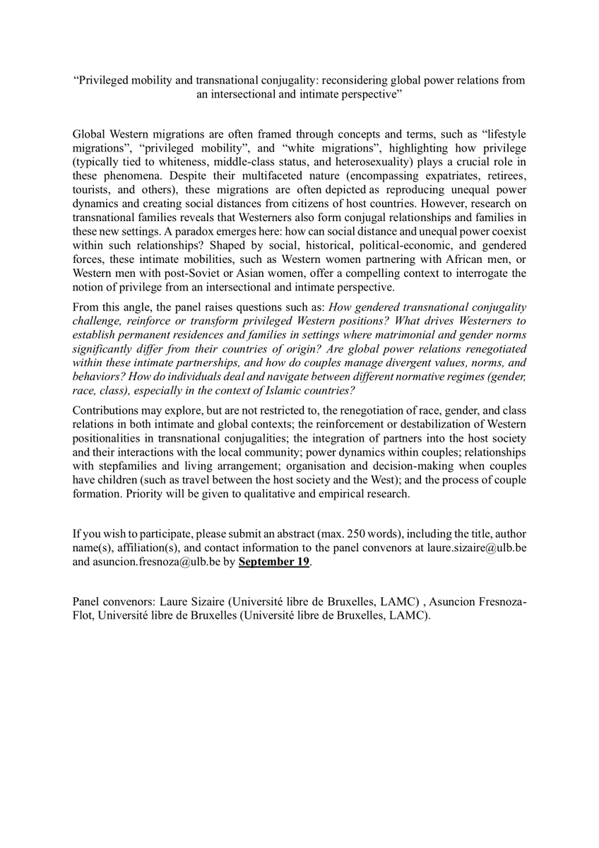 [#migrapriv] Call for papers for the 22nd <a href="/IMISCOE/">IMISCOE</a> Annual Conference hosted by <a href="/ICMigrations/">Institut Convergences Migrations</a> in July 2025: Privileged mobility and transnational conjugality
⌛️19 September 2024
Organizers: Asuncion Fresnoza-Flot &amp; <a href="/laure_sizaire/">Laure Sizaire</a>