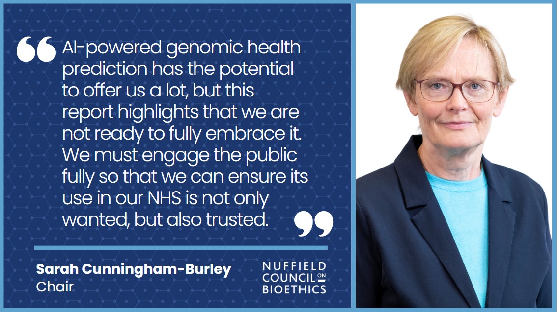 Nuffield Council on Bioethics (NCOB) (@nuffbioethics) on Twitter photo The NHS should not widely roll-out AI-powered genomic health prediction yet, we say in a new report with <a href="/AdaLovelaceInst/">Ada Lovelace Institute</a>.
The report assesses the benefits, risks & role of AI-powered genomic health prediction.
Find out more: bit.ly/3Xob90o
#NHS #Health #genomics The NHS should not widely roll-out AI-powered genomic health prediction yet, we say in a new report with <a href="/AdaLovelaceInst/">Ada Lovelace Institute</a>.
The report assesses the benefits, risks & role of AI-powered genomic health prediction.
Find out more: bit.ly/3Xob90o
#NHS #Health #genomics