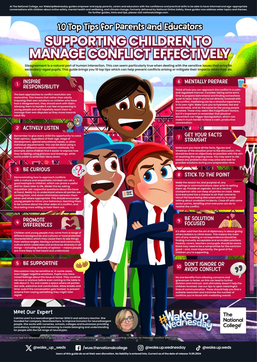 Being able to manage conflict effectively is a key skill for all to learn 🤝❤️‍🩹 but it can be tricky for young people to know exactly how. 

Check out this week's free guide &gt;&gt; bit.ly/3TneFa5
The latest episode of our #WakeUpWednesday podcast &gt;&gt; spoti.fi/3zpZXIt