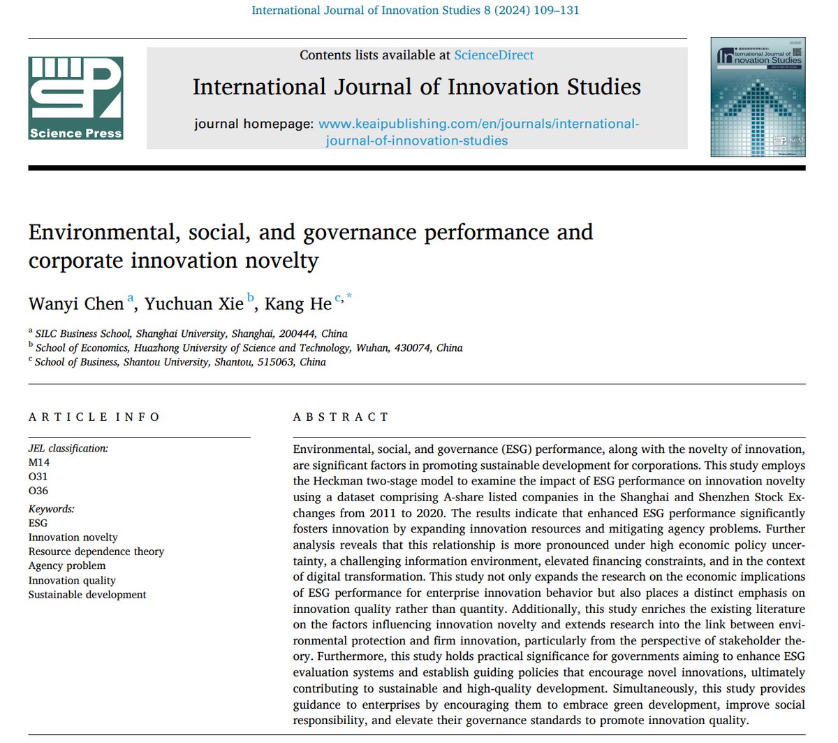 📰#NewArticle in 2024  

"Environmental, social, and governance performance and corporate innovation novelty"  

#ESG #innovacion #sustainable 

Read more: sciencedirect.com/science/articl…