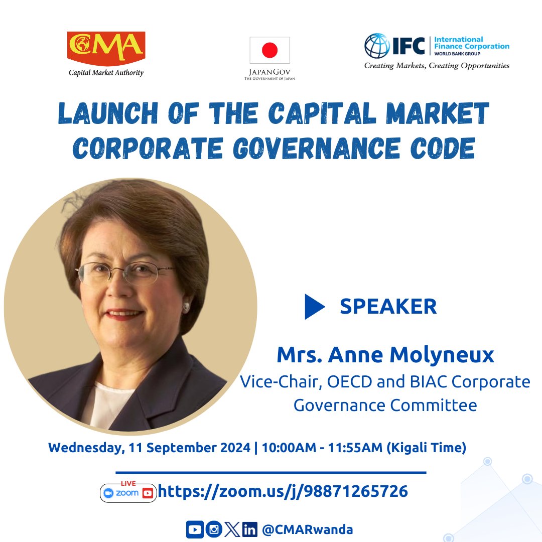 CMARwanda's tweet photo. Mrs. Anne Molyneux, Vice Chair @OECD & #BIAC Corporate Governance Committee will join us at the ongoing virtual launch of the #Rwanda Capital Market Corporate Governance Code.
Feel free to join the virtual event on Zoom via: https://t.co/suGJCOy3CV
#RwandaCapitalMarket https://t.co/gdhNHBOAd3