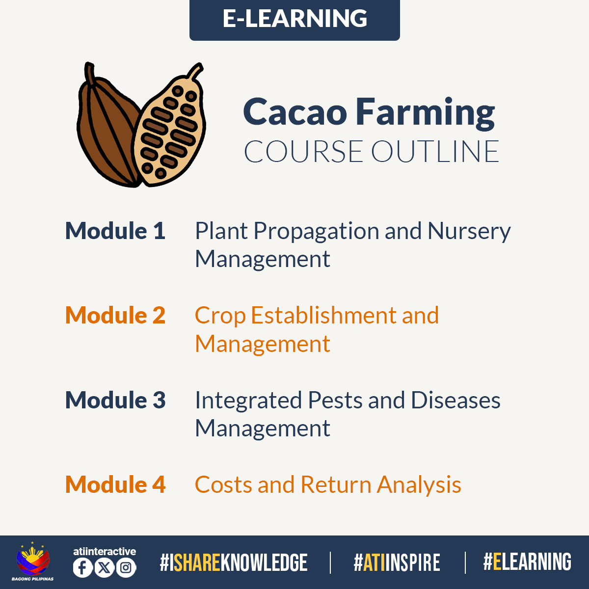 pinoyeXtension's tweet image. If you want to learn how to grow cacao, visit our e-Learning platform (elearn.e-extension.gov.ph) and enroll for FREE in our online on Cacao Farming.

This is a four-module course brought to us by @aticaraga.

#elearningforAgriFisheriesPh #ishareknowledge #ATIiNspire