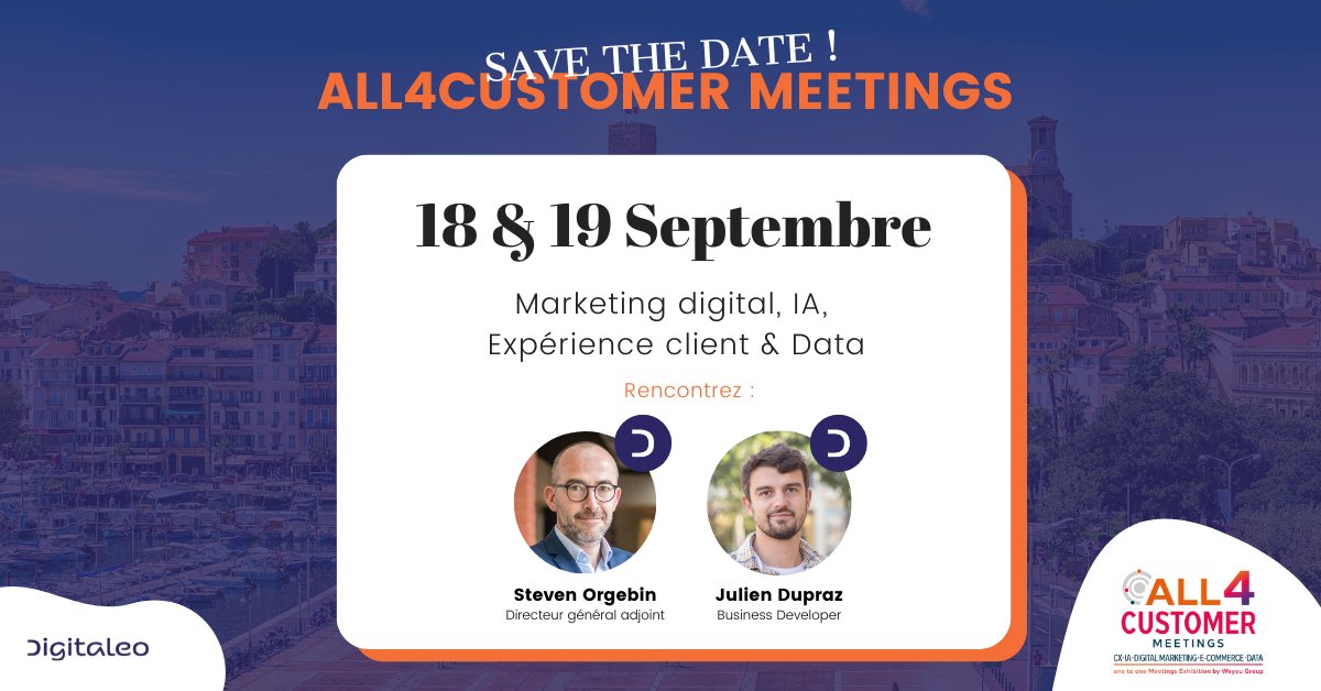 #Salon |  Les 18 et 19 septembre 2024, retrouvez Digitaleo au salon <a href="/ALL4Cmeetings/">ALL4Customer Meetings</a> à Cannes, stand C29, pour des rendez-vous #1to1 pour rencontrer des professionnels du #marketing, #experienceclient, #intelligenceartificielle, #ecommerce et #data 🚀