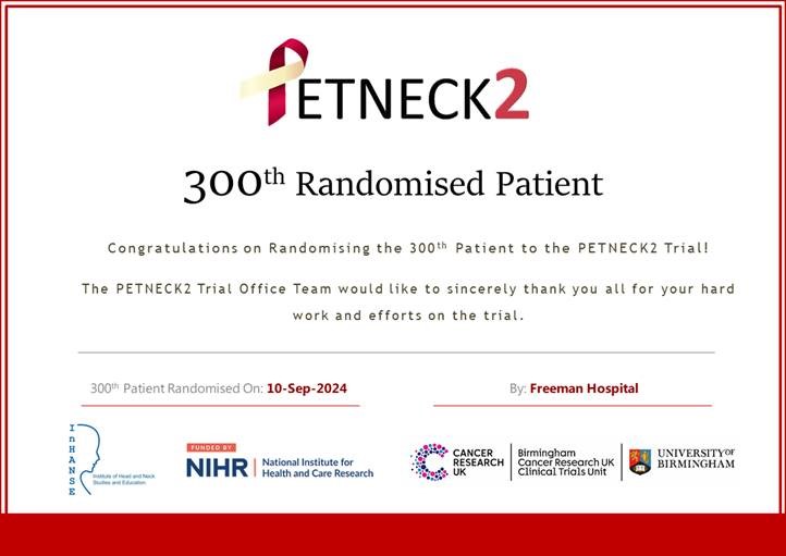 PETNECK 2 (@petneck2) on Twitter photo Congratulations to the Freeman Hospital team for randomising the 300th patients in the <a href="/PETNECK2/">PETNECK 2</a> trial. 
349 patients have registered to the study.  A massive thanks to all our NHS staff and patients for their ongoing support. Congratulations to the Freeman Hospital team for randomising the 300th patients in the <a href="/PETNECK2/">PETNECK 2</a> trial. 
349 patients have registered to the study.  A massive thanks to all our NHS staff and patients for their ongoing support.