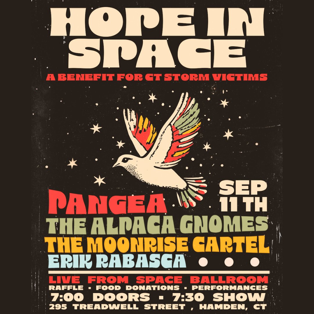 TONIGHT (9/11)! We are hosting a benefit event for CT storm victims, with 100% of all proceeds donated to TEAM, Inc. ft. Pangea, The Alpaca Gnomes, The Moonrise Cartel, and Erik Rabasca!

🎟 available at the door or online: tinyurl.com/BenefitEventSB…