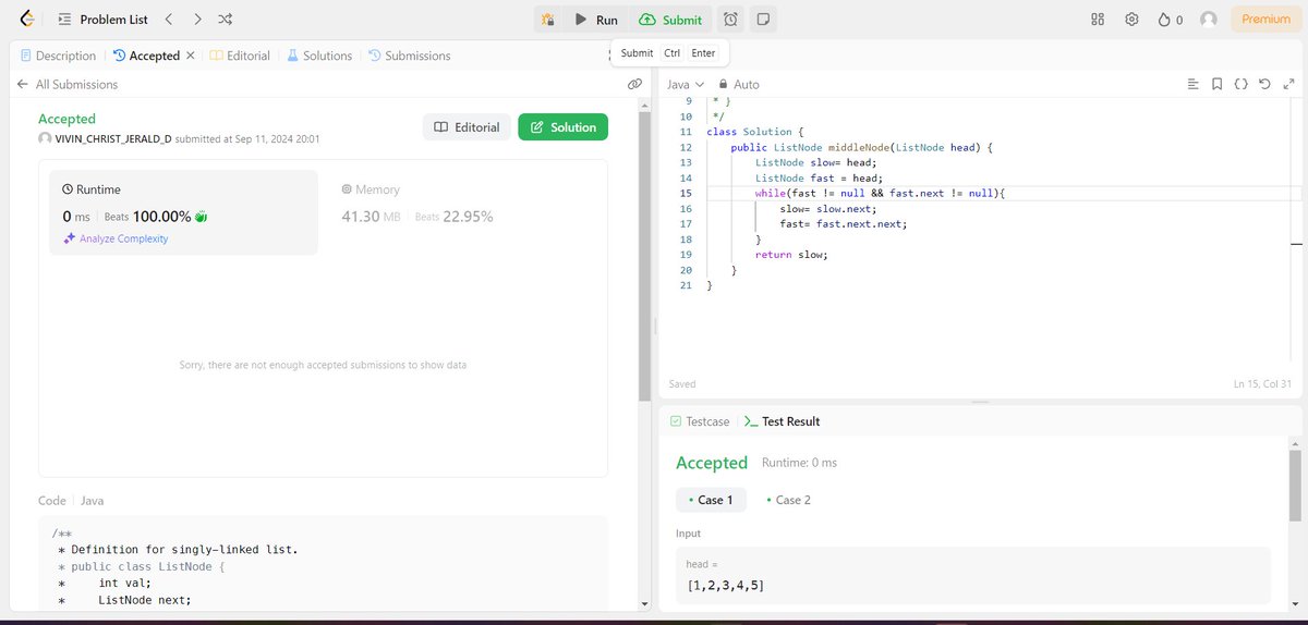 vivin_chris_jd's tweet photo. Day 30- Solved #linkedlist problems on #leetcode with 0ms runtime.
#83. Remove Duplicates from Sorted List
#21. Merge Two Sorted Lists
#876. Middle of the Linked List
#Coding #DSA #100dayscodechallenge #interview https://t.co/vZTyPJB3sd