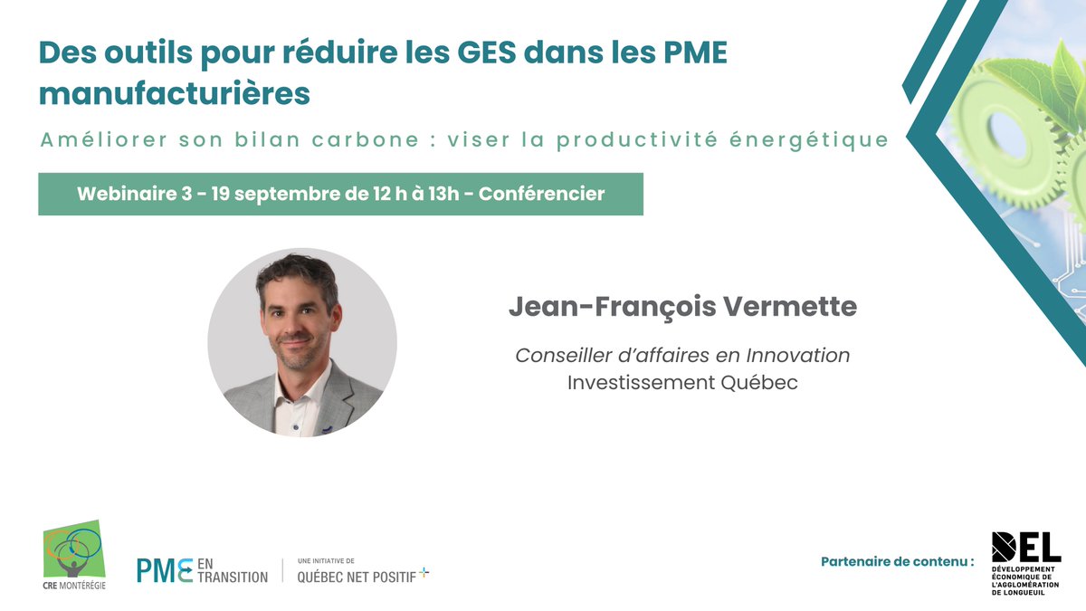 Webinaire–Améliorer son bilan carbone: viser la productivité énergétique 
🗓️Jeudi 19 septembre
👉🏻urlz.fr/riSb
<a href="/InvestQuebec/">InvestissementQuébec</a> animera ce webinaire pour inspirer les PME qui souhaitent entrer en action pour améliorer leur bilan #carbone via la productivité énergétique.