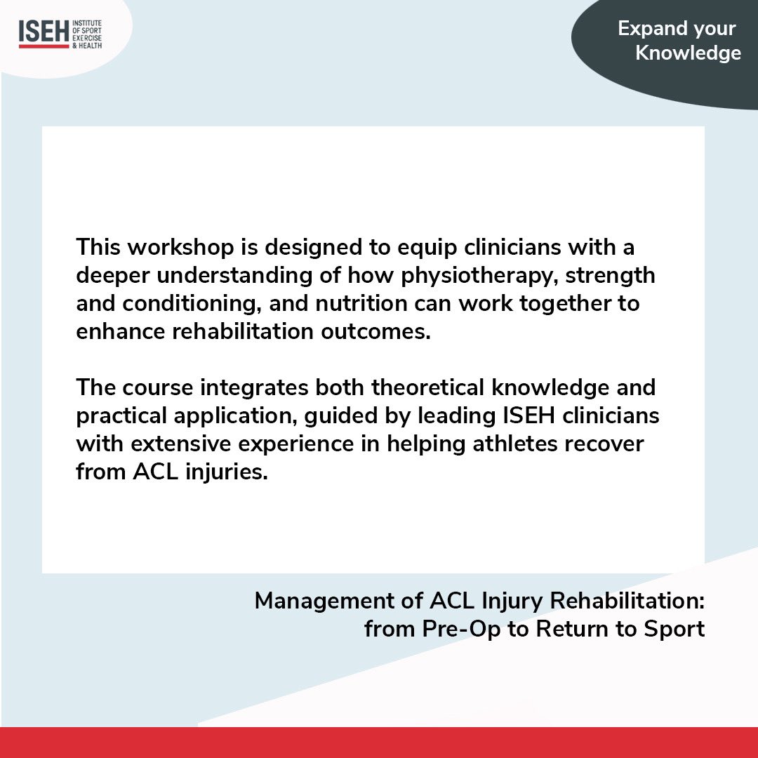 🚨Don’t miss: This workshop aims to equip health professionals with the knowledge to improve athlete rehab by exploring the combined roles of physiotherapy, strength &amp; conditioning, &amp; nutrition in optimising the #ACL recovery process.

Join us: 27 Sept: tinyurl.com/fu6ff8dv