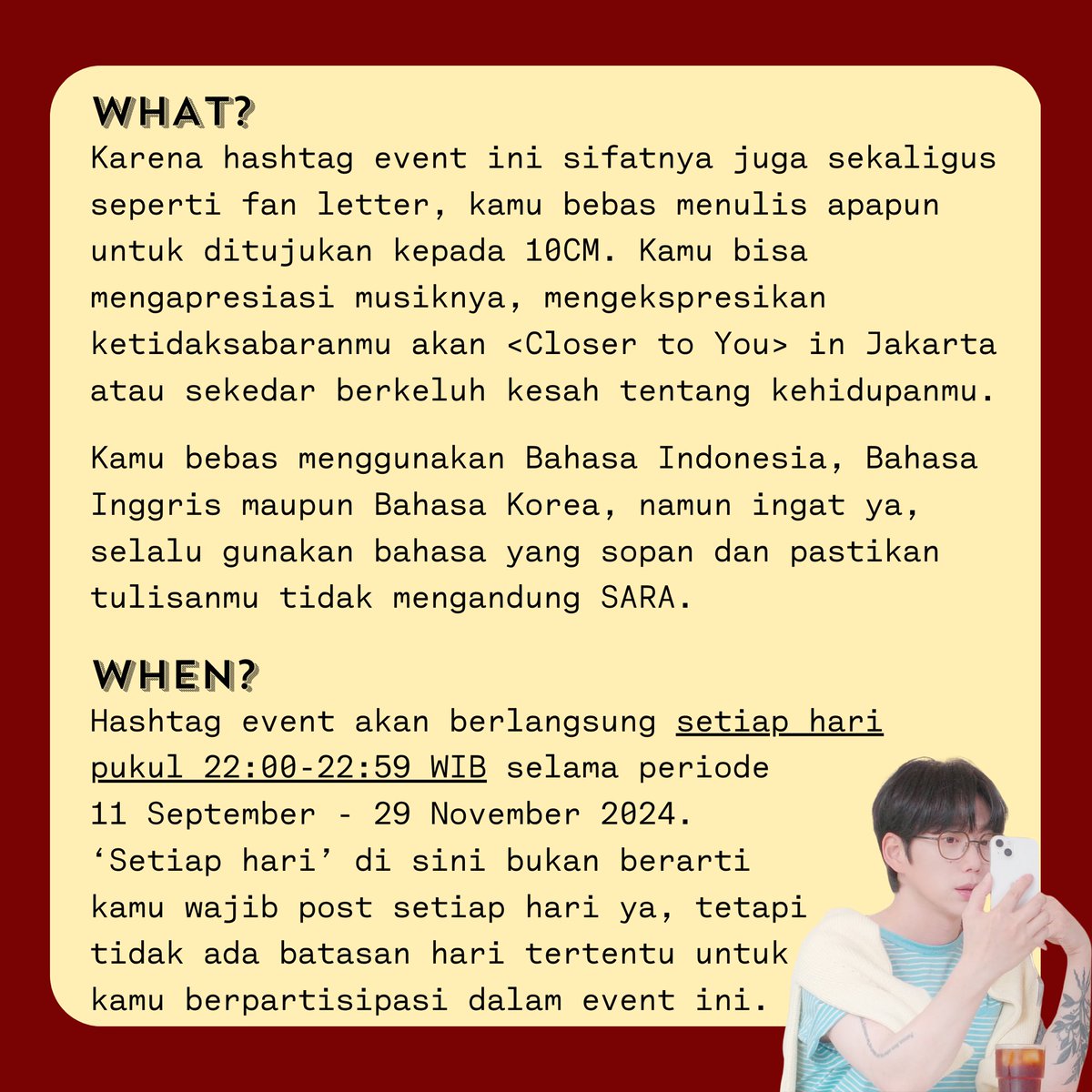 1010_kjy's tweet photo. [PROJECT #DEAR10CM]

Sadar gak sih kalau sekarang udah H-80 <Closer to You> in Jakarta? Untuk menambah semangat kita para Centiner dan om Jungyeol yang masih nan jauh di sana, mulai sekarang kita lebih banyak hype lagi pake hashtag event ini yuk!

Detail dan tata cara project ini bisa diliat di post berikut ya! Kalau ada pertanyaan, boleh menghubungi Minsenchi~

See you, Centiner 🩵
---
#10cm #십센치 #권정열
#10cmCloserToYouinJakarta