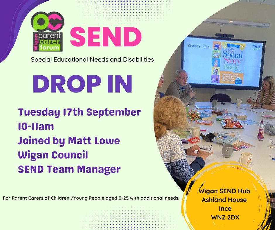 At Parent Carer SEND Drop in we will be joined by Matt Lowe, <a href="/WiganCouncil/">Wigan Council</a>  #SEND Team Manager. Come along for peer to peer support, updates, information and any queries you might like to ask the SEND team.
Your child does not require a diagnosis for you to attend. #Wigan #Leigh
