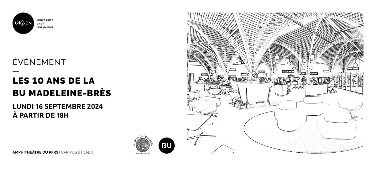 Pour fêter les 10 ans de l'ouverture de la Bibliothèque Madeleine Brès vous êtes cordialement invité à venir célébrer cet anniversaire 
Conférence, exposition, gouter
Retrouvez le programme complet ici 👇
bibliotheque.unicaen.fr/la-bu-madelein…