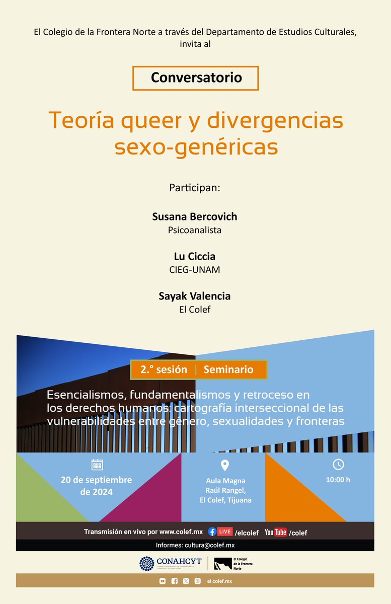 Les invitamos a nuestra segunda sesión del seminario: “Esencialismos, fundamentalismos y retrocesos en los DDHH” en las destacadas pensadoras Susana Bercovich y Lu Ciccia. Presencial en El Colef Tijuana y vía streaming Por el youtube y FB de El Colef.