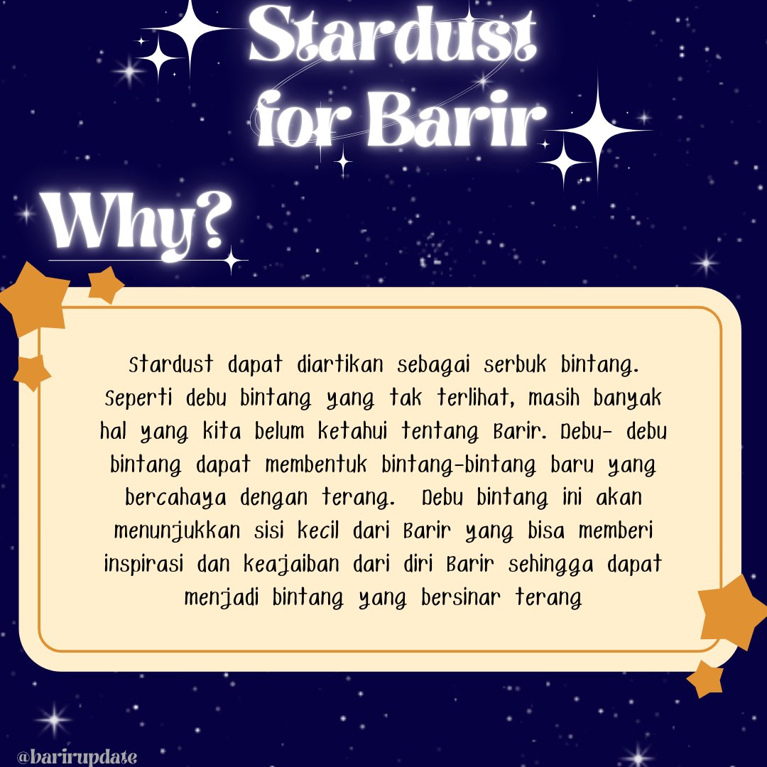 Barawrbubble's tweet photo. Selamat malam✨
Kenapa Stardust??
Ini Alasan kami mengambil nama Stardust for Barir✨ #StardustforBarir https://t.co/eiVRe7iAHe
