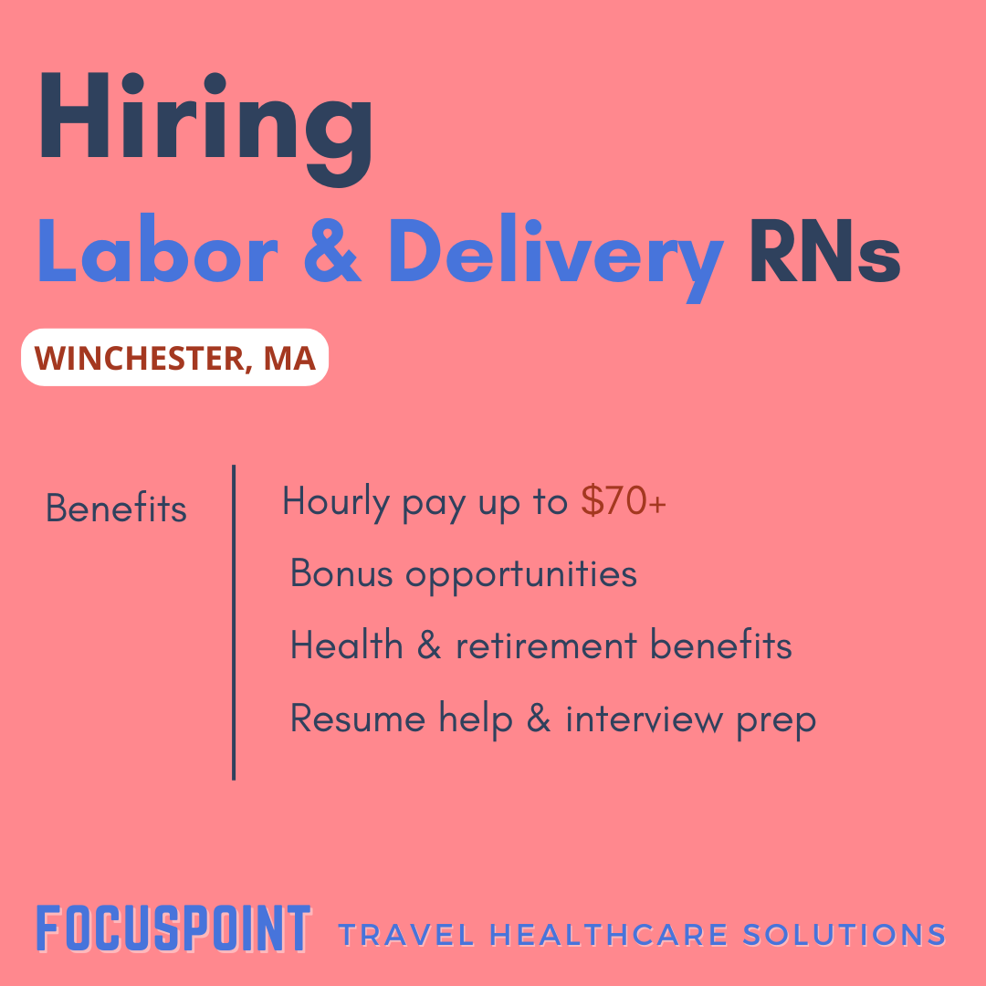 focuspoint_net's tweet photo. Hiring L &amp; D RNs! 🆕 Apply today ~ Travel assignment in Winchester, MA

#TravelNurse #Laboranddelivery #RNsWanted #HealthcareJobs #NursingOpportunities https://t.co/27a38VUI83