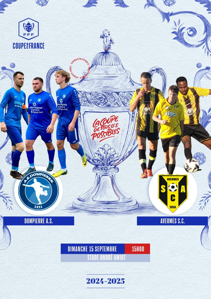 ⚽ 3ème Tour de la Coupe de France ⚽  

📅 Dimanche 15 septembre
🕒 Coup d'envoi à 15h
📍Stade André Amiot
🍻Buvette &amp; Snack sur place

Venez nombreux soutenir notre équipe pour un match palpitant face à une belle équipe d'Avermes ! 

Ensemble, allez l'ASD ! 💙🤍