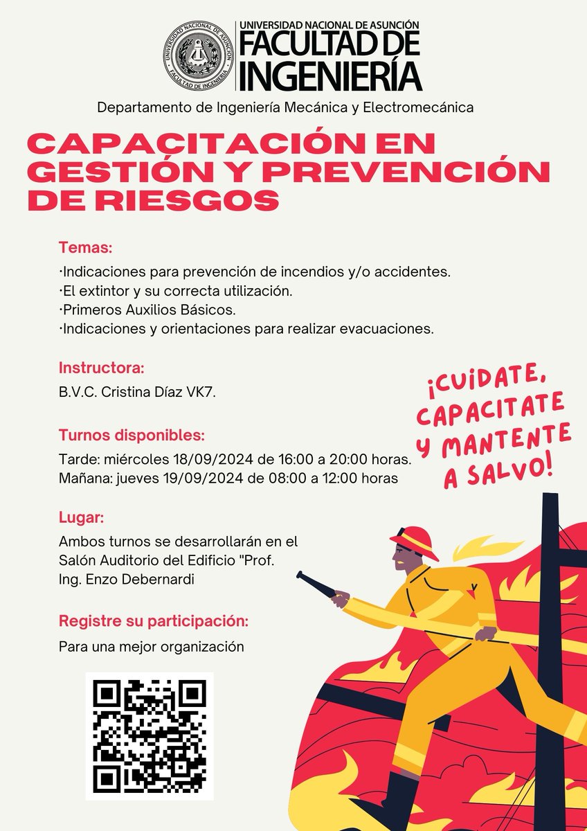 Se invita a participar de la «Capacitación en Gestión y Prevención de Riesgos»
Dirigido a Docentes, Laboratoristas, Estudiantes, y Funcionarios de la FIUNA
Registre por favor su participación para una mejor organización: lnkd.in/d4Kct8Ty 
wp.me/p3j9x4-gvr 🔥 🚒🧯
