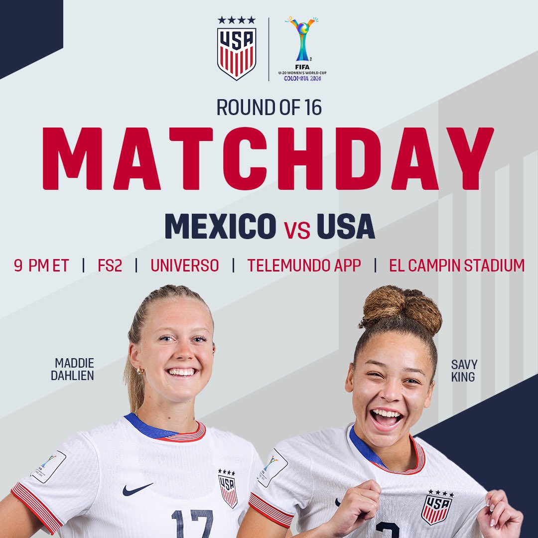 Win or go home ⚡️

The #U20WYNT starts the World Cup  knockout stage tonight vs. Mexico. 

Tune in at 9pm ET on <a href="/Foxsports/">FOX Sports</a> 2, <a href="/NBCUniverso/">UNIVERSO</a>, &amp; <a href="/TelemundoSports/">Telemundo Deportes</a> digitals!

Preview » ussoc.cr/U20WvMEX-MP-24