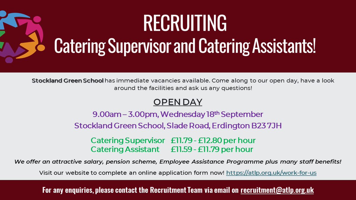 AtlpRecruitment's tweet photo. Catering Supervisor &amp; Assistants OPEN DAY!!
Are you looking for a catering role within a school? Have you completed a food hygiene, catering or hospitality course and not sure what to do? Join us next Wednesday 18th September, to discuss your next career opportunity! @the_atlp https://t.co/B0db19hlHI
